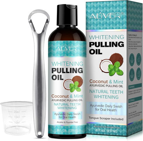 Coconut Oil Pulling with Peppermint Oil-Mouthwash for Oral Care-Helps with Fresh Breath, Organic Essential Oils Mouthwash with Tongue Scraper,Trea...