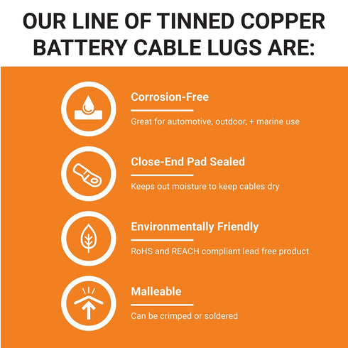 SELTERM 10pcs 4 AWG-3/8" Stud Tinned Copper Wire Lugs, Heavy Duty Battery Cable Ends,4 Guage Ring Terminals, UL Battery Lugs Marine Grade Copper E...