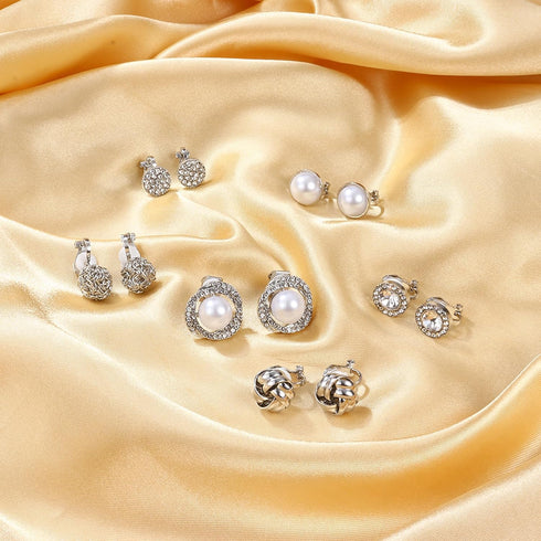 HAIAISO 6 Pairs Clip On Earrings Cubic Zirconia Pearl Knot Twist Clip On Earrings Non Pierced for Women Clip Earrings Set...