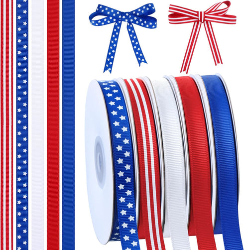 5 Rolls 100 Yards Patriotic Wired Ribbon Red White and Blue Ribbon Star and Striped Grosgrain Ribbon for DIY Craft 4th of July Independence Day Me...