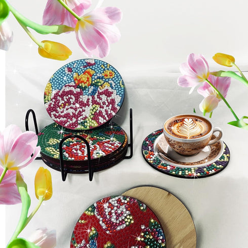 8 Pcs Diamond Art Painting Coasters with Holder,Chinese Traditional Northeast Flower Diamond Art Kits,DIY Diamond Art Painting Kits for Beginners,...
