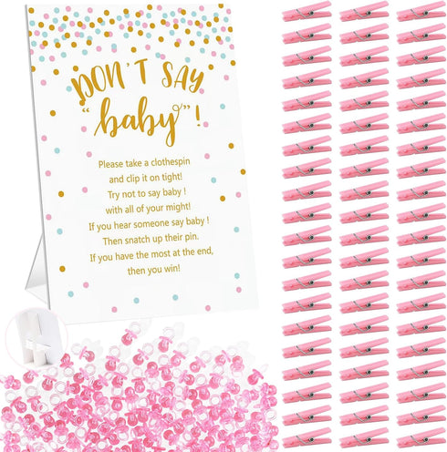 Don't Say Baby Shower Clothespin Game for Girl Includes 8x11 Standing Sign, 60 Mini Pink Clothes Pin, 60 Mini Pacifiers...