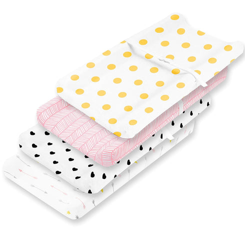 Changing Pad Cover – Premium Baby Changing Pad Covers 4 Pack – Boy or Girl Changing Pad Cover – Pure Cotton Machine Washable Pink and White Changi...