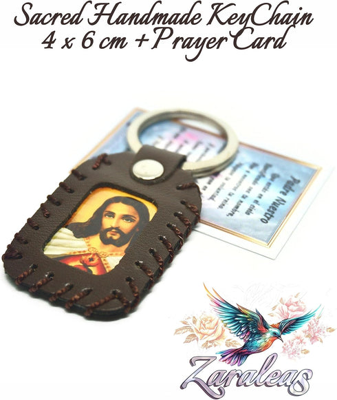 Catholic Keychain Brown Leather Handmade of Sacred Heart of Jesus & Guadalupe Virgin 4cm x 6cm by Zaraleas...