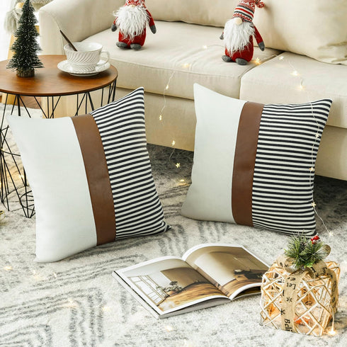 cygnus 20x20 Pillow Covers Set of 2 Farmhouse Decor Stripe Patchwork Linen Throw Pillow Covers Modern Faux Leather Covers for Couch Sofa,Black...