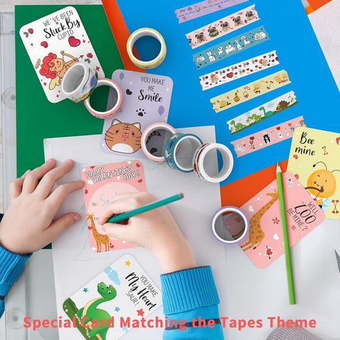 Valentines Cards for Kids Classroom,28 Pack Valentines Day Cards for Kids with Cute Animal Washi Tape , DIY Crafts Washi Tape Kit for Gift Wrappin...
