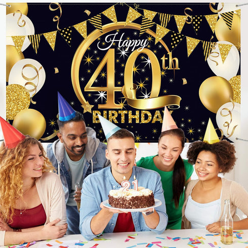 Blulu 40th Birthday Party Decoration, Extra Large Fabric Black Gold Sign Poster for 40th Anniversary Photo Booth Backdrop Background Banner, Birth...