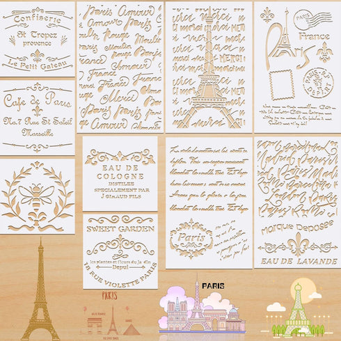 10 Pieces French Script Stencils DIY Art Craft French Writing Stencils French Stencils for Furniture Painting on Wood Canvas Paper Fabric Floor Wa...