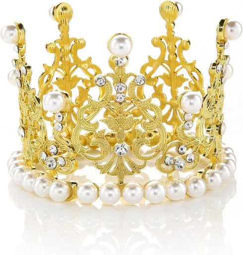 JANOU Crown Tiara Cake Topper Crystal Pearl Children Hair Ornaments for Wedding Birthday Party Cake Decoration (Gold)...