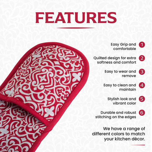 Kitchen BBQ Christmas Red Holiday Double Oven Mitts Gloves | Extra Long & Thick, Heat Resistant | Quilted Attached 1 Piece Oven Gloves | 100% Cott...