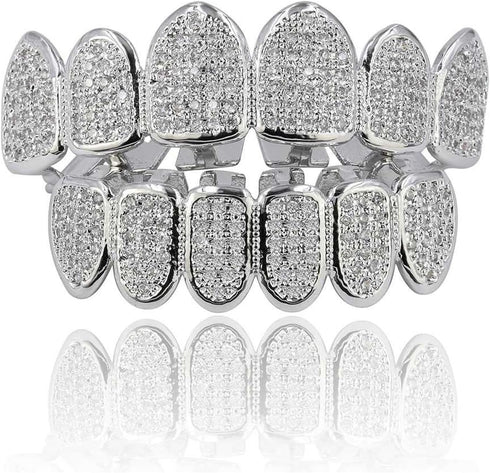 JINAO Grillz Grills for Your Teeth Simulated Diamond Teeth Grillz with Extra Molding Bars Included 18K Gold Plated All Iced Out Cubic Zirconia Gol...