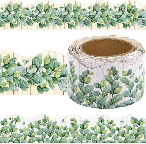 Eucalyptus Bulletin Board Border Die-Cut Classroom Decoration 36ft Per Roll Two Sided Printed Rustic Greenery Leaves Border for Classroom Back to ...