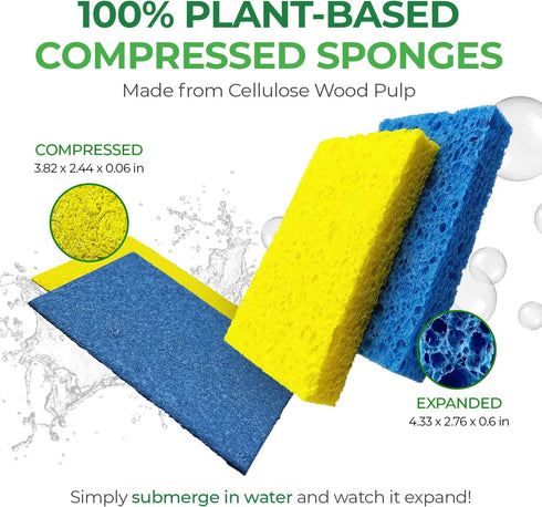 Biodegradable Cellulose Compressed Sponges - Pack of 12 Kitchen Sponges for Cleaning - Heavy Duty and Natural Multipurpose Household Cleaning Spon...