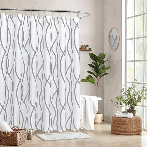 Biscaynebay Extra Long Textured Fabric Shower Curtain 72 W x 84 L, Silver Grey Striped Printed Linen Modern Hotel Luxury Quality Cloth Bathroom Cu...