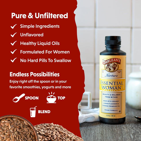 Barlean's Essential Woman Liquid Supplement for Women, Organic Flaxseed, Evening Primrose Oil & Soy Isoflavones, Omega 3 6 9 and GLA, Hormonal Bal...