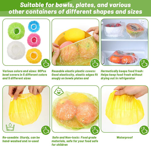 130Pcs Reusable Elastic Food Bowl Storage Covers, Sublaga Bowl Covers, Variety of 5 Translucent Stretchable Sizes and Colorful Dish Plate Covers, ...