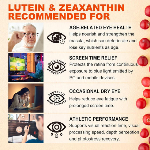 Sugar-Free Lutein Zeaxanthin Supplements Gummies (25mg) Vitamins A, C, E, Bilberry, Astaxanthin - with Coconut Oil for Better Absorption - for Adu...