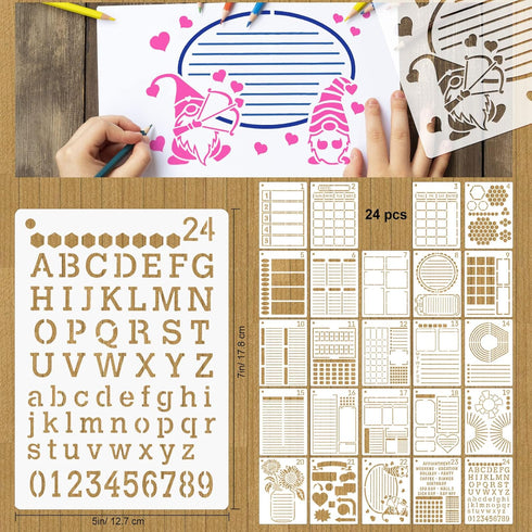 24 Pcs Assorted Drawing Journaling Stencils Set,Mixed Shapes Scale Painting Templates for DIY Albums Schedule Wall Art Decor,Reusable Plastic Pain...