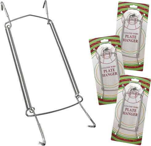 BANBERRY DESIGNS Chrome Vinyl Coated Plate Hanger 8 to 10 Inch - Set of 4 Pcs - Clear Vinyl Sleeves Protect The Plate - Hook and Nail Included...
