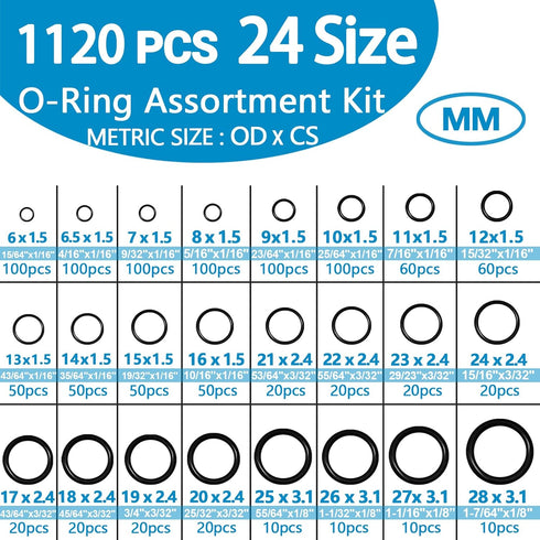 24 Size Rubber O Ring Set,1120 Pcs Black Small O Rings Assortment Kits,Assorted Metric Sealing Washer for Auto Plumbing Faucet Water Air or Gas Re...