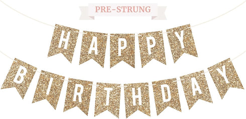 Pre-strung Happy Birthday Banner - No DIY - Gold Glitter Birthday Party Banner - Pre-strung Garland on 6 ft Strands - Gold Bday Party Decorations ...