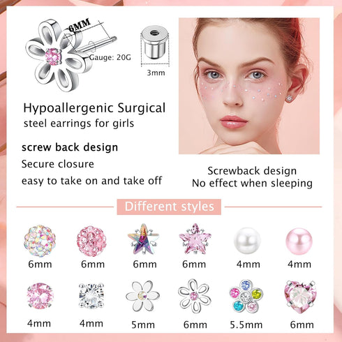 SAILIMUE 12 Pairs Hypoallergenic Screw Back Earrings for Women Girls Surgical Steel Cute Heart CZ Flower Pearl Ball Tiny Screwback Stud Earring...
