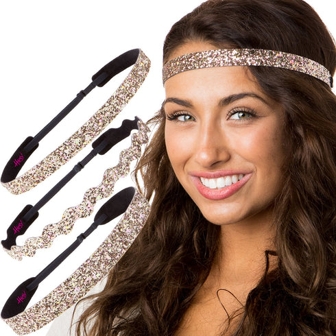 Hipsy Women's Adjustable Non Slip Skinny Wave & Wide Bling Glitter Headband Mixed 3-pack (Mixed Rose Gold)...