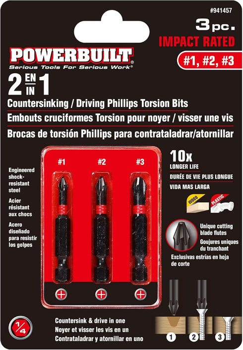 Powerbuilt - 3 Pc. Countersink Phillips Bit Set, Power Equip & Accessories, Power Tools & Accessories, Power Tool Accessories (941457)...