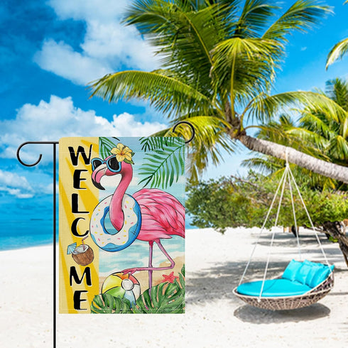 Welcome Summer Flamingo Decorative Garden Flag, Beach Coastal Swim Ring Tropical Palm Leaves Yard Outside Home Decoration, Hawaii Aloha Nautical O...