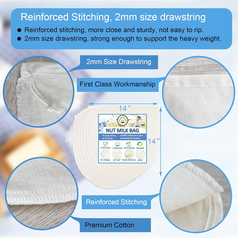 6 Pack 14"x14" Nut Milk Bags - 100% Unbleached Cotton, Food Strainer, Reusable Cheesecloth,Straining Almond/Oat/Soy Milk, Cold Brew Coffee, Cloth ...