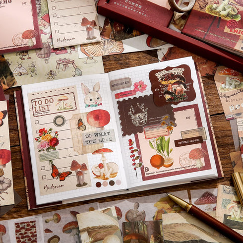 Scrapbooking Supplies Kit, Vintage Mushroom Aesthetic Scrapbook Kit for Bullet Junk Journal, Stationery, A6 Grid Notebook, DIY Journaling Supplies...