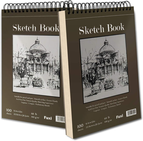 9" x 12" Sketch Book, Top Spiral Bound Sketch Pad, 2 Packs 100-Sheets Each (68lb/100gsm), Acid Free Art Sketchbook Artistic Drawing Painting Writi...