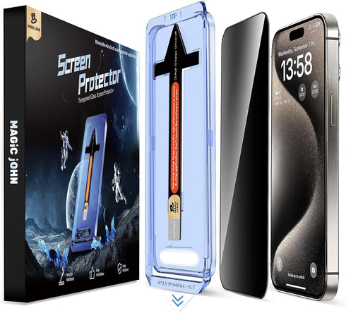 MAGIC JOHN 2 Pack for iPhone 15 Pro Max 6.7 inch Privacy Glass Screen Protector, Auto Dust-Elimination Installation, Bubble Free, HD Clear, Easy I...