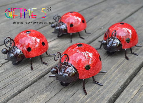 GIFTME 5 Metal Garden Yard Art Decorative 4 Pack Ladybugs Outside Garden Wall Sculptures(RED)...