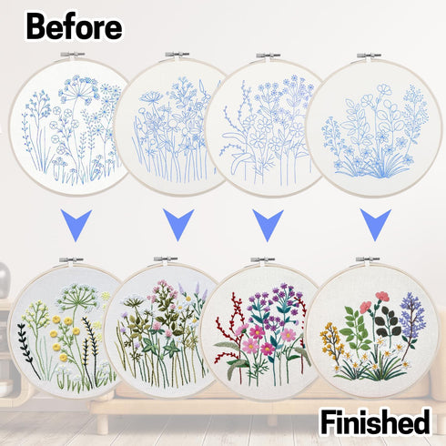 4 Set Embroidery Starter Kit for Beginners, Needlepoint Cross Stitch Kits with Pre-Stamped Flower, Instructions, Bamboo Hoops, Color Threads, Tool...