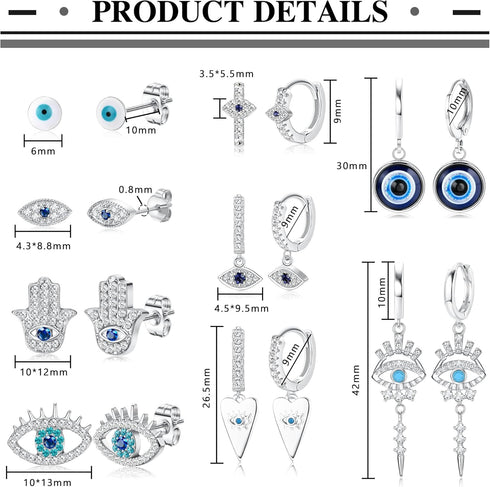 Sanfenly 9 Pairs Evil Eye Earrings for Women 14k Silver Gold Plated Evil Eye Huggie Hoop Dangle Earrings and Stud Earrings Set Dainty White Blue C...