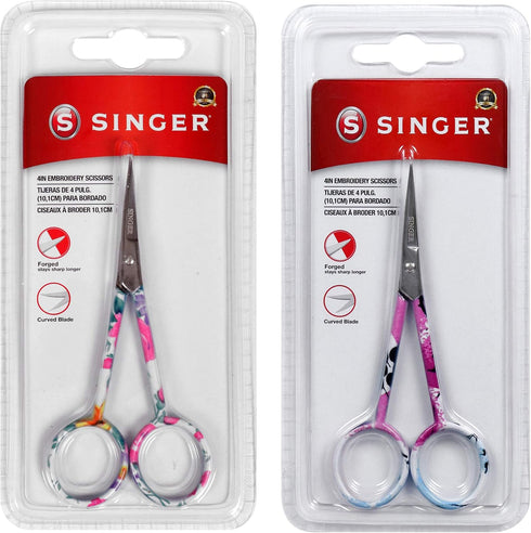 SINGER 4 Inch Forged Embroidery Scissors with Curved Tip for Sewing, Cross-Stitching, Crafts, & More (White Floral & Pastel Print, 2-Pack)...