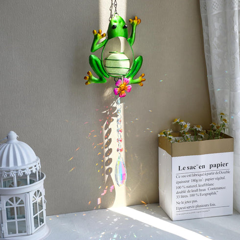 Metal Frog Suncatcher Crystals for Window Ornament - 17" Outdoor Fence Wall Art Decor, Rainbow Maker Hanging for Garden Yard Living Room Bedroom P...