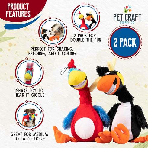 Pet Craft Supply Giggling Puffin & Parrot Multi Pack Interactive Dog Toys With Sound for Large Breed and Small Dogs Soft Chew Plush Dog Toy, Red B...