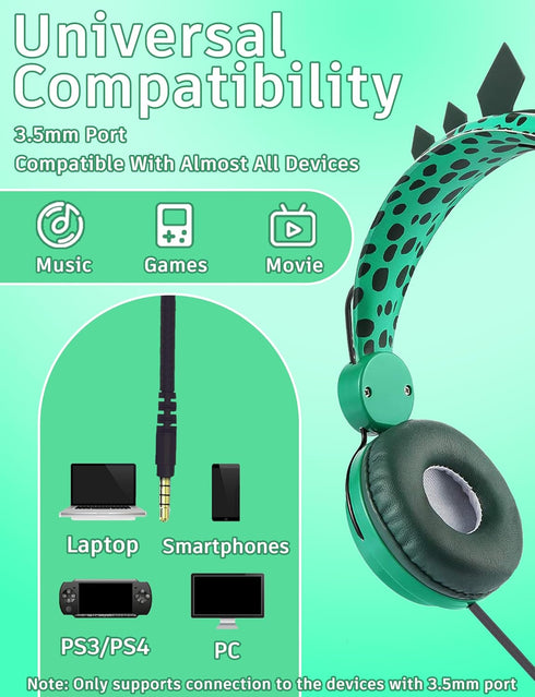 Kids Headphones,Dinosaurs Wired Headsets for Boys&Girls,Built-in Mic&On/Over Ear HD Stereo for Online Study/School/Tablet with Nylon Cable (Green)...