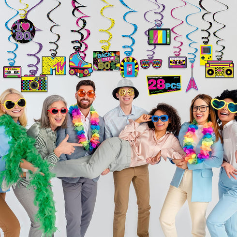 Bessmoso 28PCS 80s Party Decorations – Retro Hanging Swirls & Ceiling Streamers for 1980s Throwback Birthday, Neon Back to The 80’s Party Supplies...