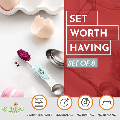 Spring Chef Stainless Steel Magnetic Measuring Spoons Set of 8 with Leveler, Nesting Metal Teaspoon & Tablespoon Measuring Spoons, Kitchen Gadgets...