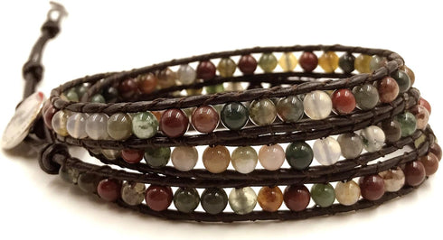 "Hot Mix Color India Agate Stainless Steel Snap Button Lock Genuine Leather Bracelet...