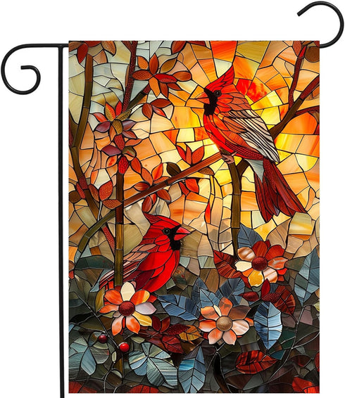 Stained Glass Cardinal Red Birds Garden Flag Spring Summer Yard Flag Fall Floral Decorative Flags for Outside 12x18 Double Sided Small Seasonal La...