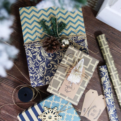 RUSPEPA Reversible Kraft Wrapping Paper Sheet - Navy Geometric Design Kraft Paper - 6 Sheets Packed as 1 roll - 17.5 x 30 inches per Sheet...