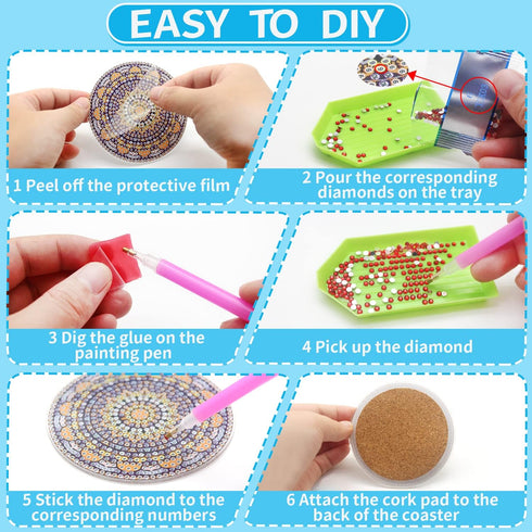 Benvo 8 Pcs Diamond Painting Coasters Kit Mandala Cup Coasters DIY Diamond Art Kits with Diamond Painting Pens, Holders, Cork Base for Beginners A...