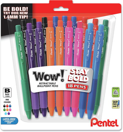 PENTEL ARTS Pentel Wow Retractable Ballpoint Pens 1.4mm 18/Pkg-Assorted, Black, Blue, Red, Green, Violet, Orange, Sky Blue, Pink...