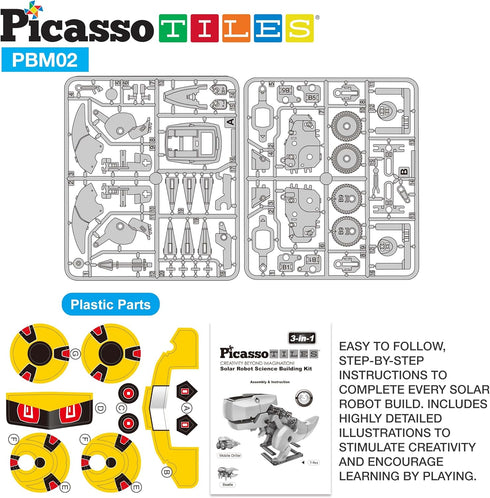 PicassoTiles STEM Kids Solar Powered Dinosaur Robot Educational Learning Engineering Building Toy 3-in-1 Creative Unique Transformation Renewable ...