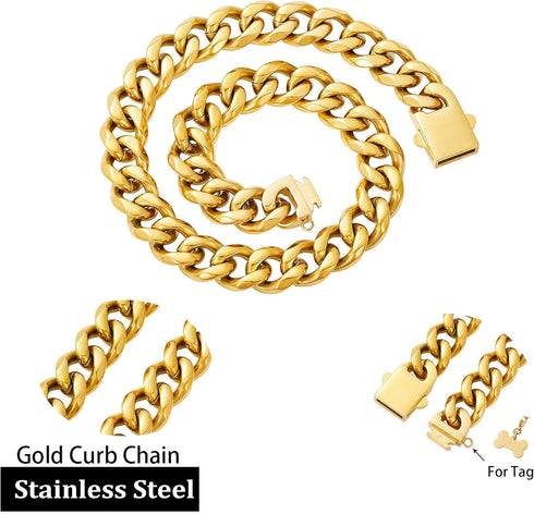 Walking Collar with Dog Tag Design Secure Buckle Cuban Link Chain Collar Heavy Duty Chew Proof for Medium Large Dogs...