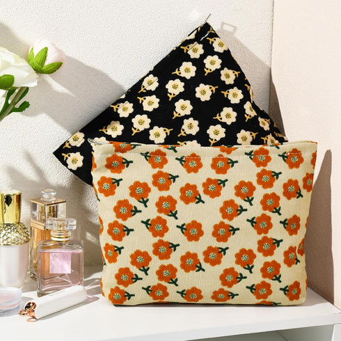 2 Pieces Orange Black Flower Makeup Bag Large Corduroy Cosmetic Bag Capacity Canvas Travel Toiletry Bag Organizer Cute Makeup Brushes Aesthetic Ac...